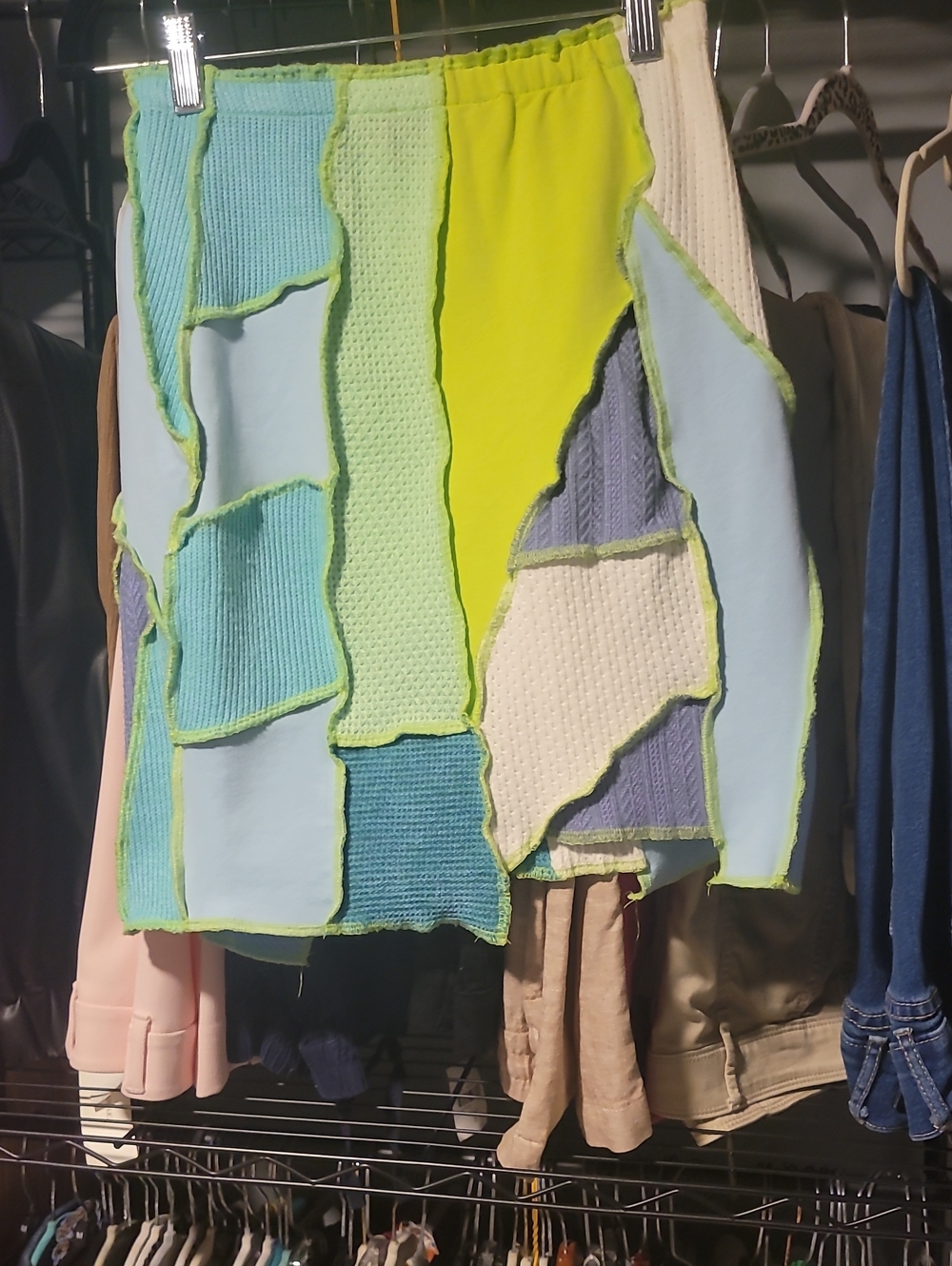 5 For $25 AKIRA Patchwork Mini Skirt in Lime, Light Blue, Aqua, Cream